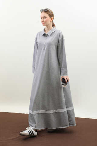 Geniş Yaka Kemerli Elbise Gri - 4
