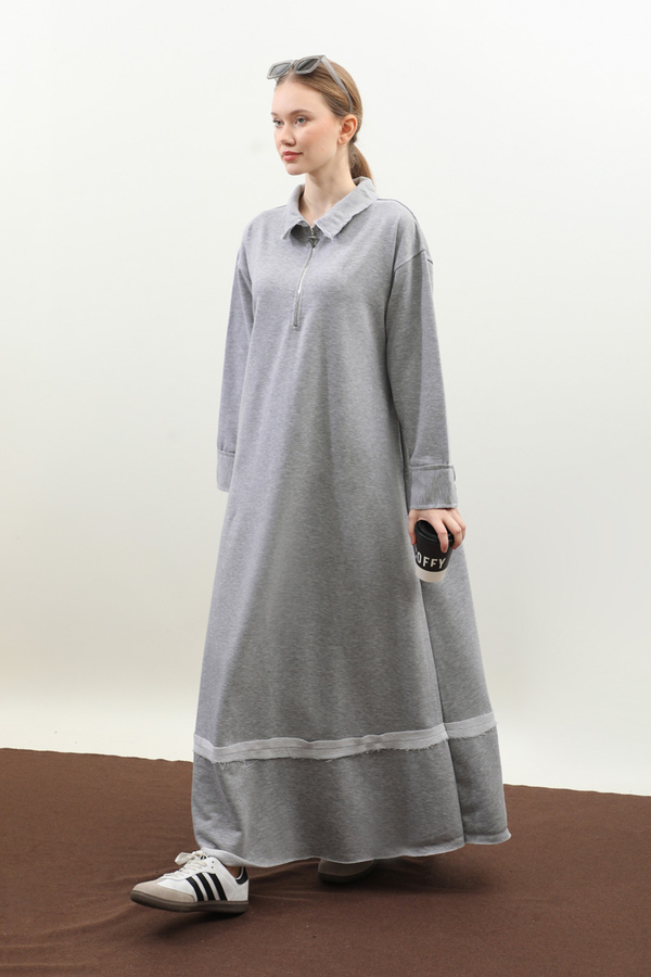 Geniş Yaka Kemerli Elbise Gri - 4