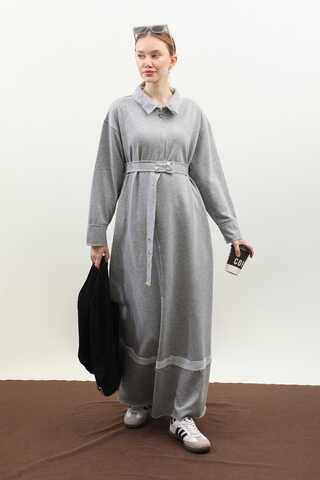 Geniş Yaka Kemerli Elbise Gri - 5