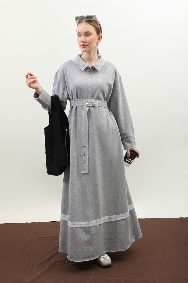 Geniş Yaka Kemerli Elbise Gri - 6