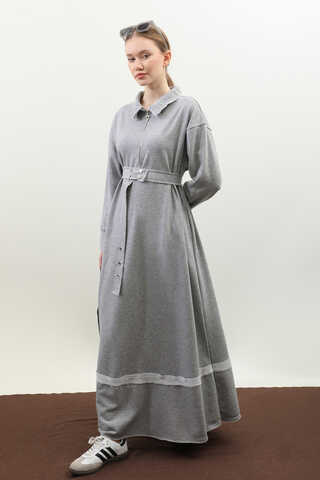 Geniş Yaka Kemerli Elbise Gri - 7