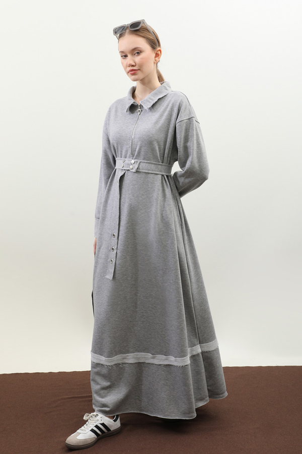 Geniş Yaka Kemerli Elbise Gri - 7