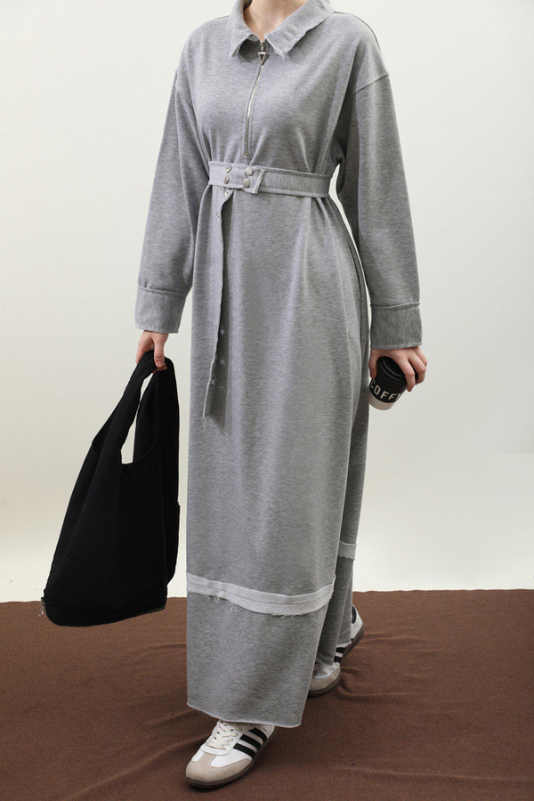 Geniş Yaka Kemerli Elbise Gri - 8