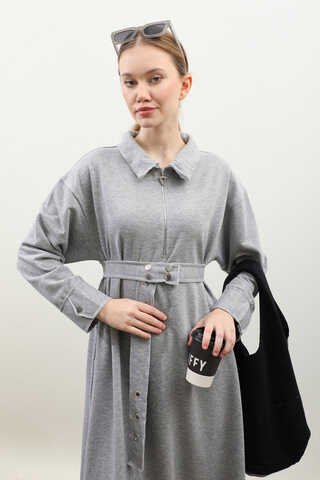 Geniş Yaka Kemerli Elbise Gri - 1