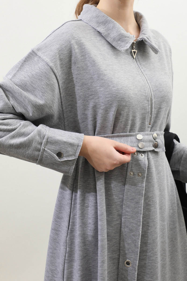 Geniş Yaka Kemerli Elbise Gri - 9