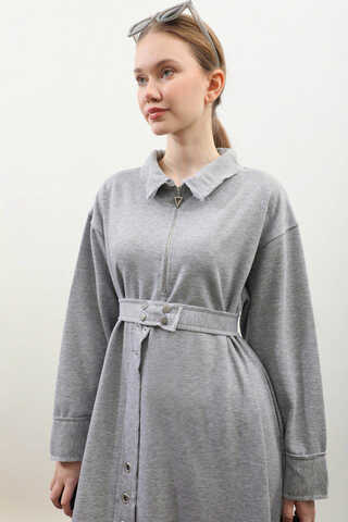 Geniş Yaka Kemerli Elbise Gri - 11