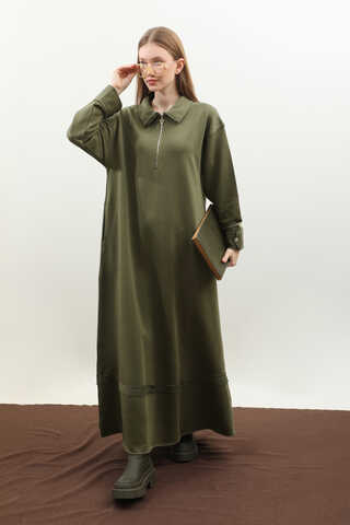 Geniş Yaka Kemerli Elbise Haki - 4