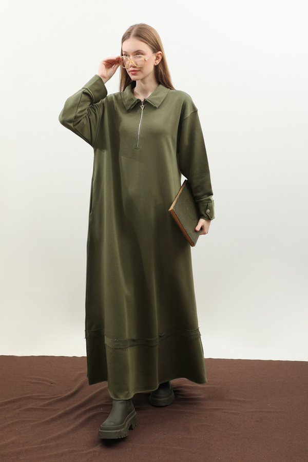 Geniş Yaka Kemerli Elbise Haki - 4