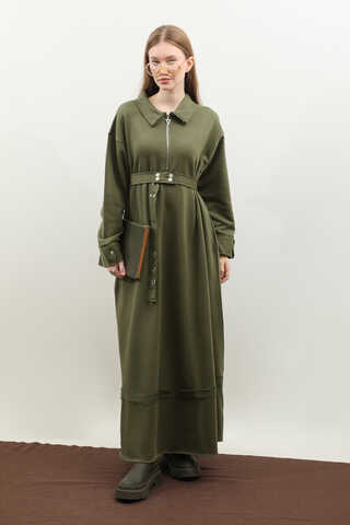 Geniş Yaka Kemerli Elbise Haki - 5