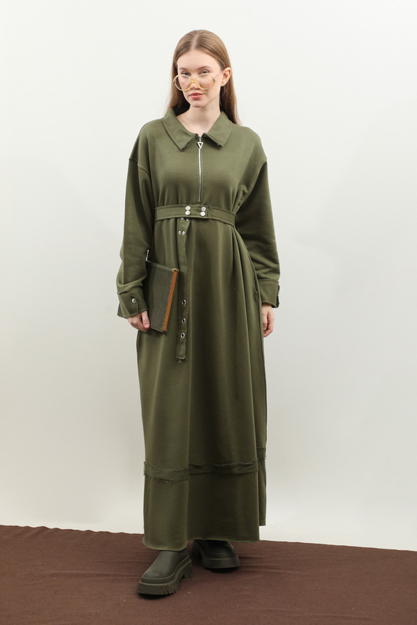 Geniş Yaka Kemerli Elbise Haki - 5