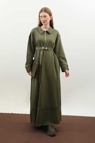 Geniş Yaka Kemerli Elbise Haki - 3