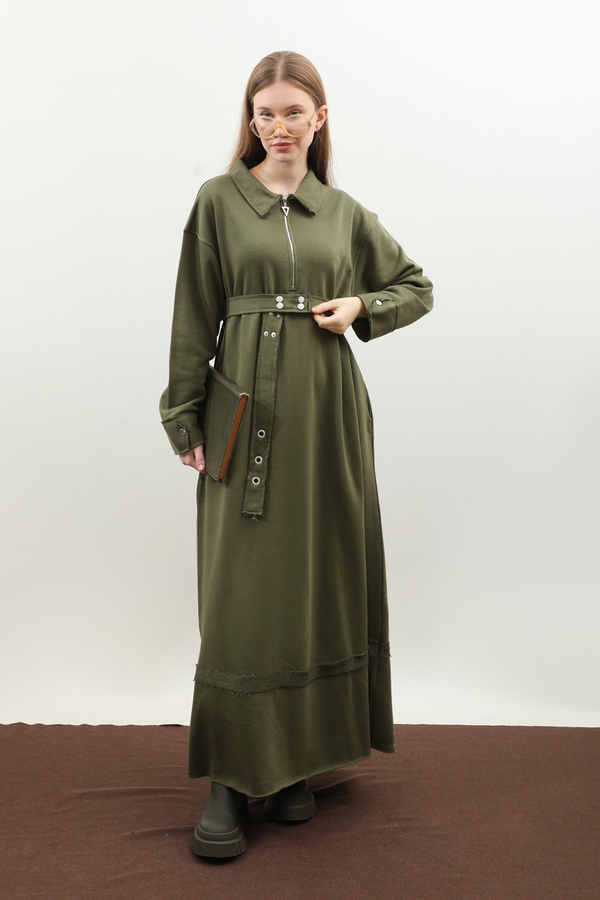 Geniş Yaka Kemerli Elbise Haki - 2