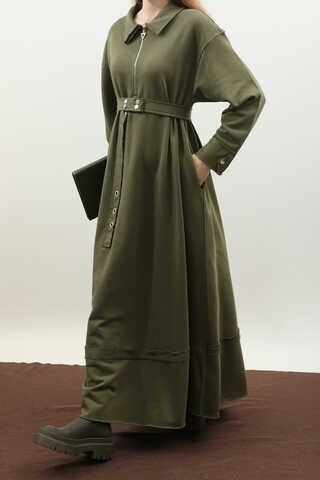 Geniş Yaka Kemerli Elbise Haki - 6