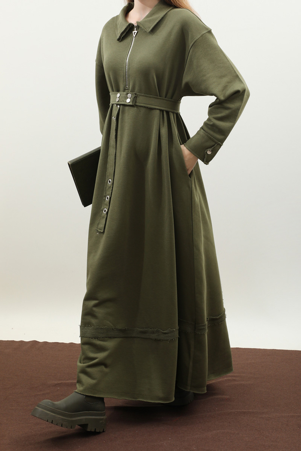 Geniş Yaka Kemerli Elbise Haki - 6