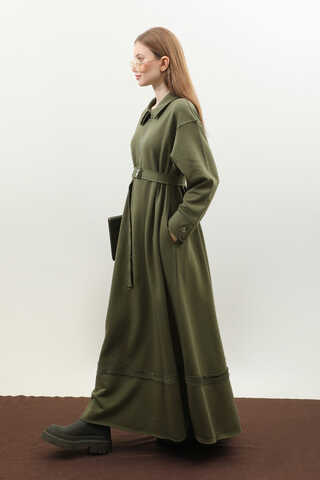 Geniş Yaka Kemerli Elbise Haki - 7