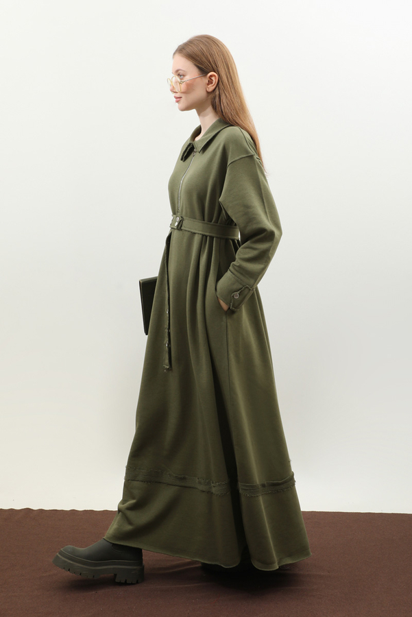 Geniş Yaka Kemerli Elbise Haki - 7