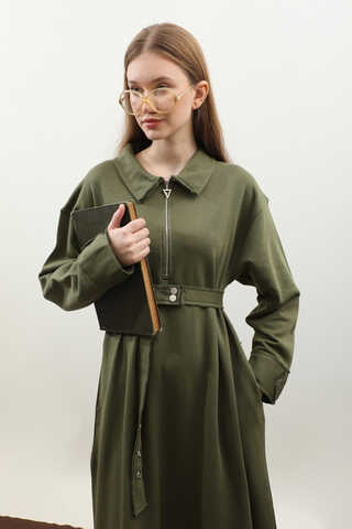 Geniş Yaka Kemerli Elbise Haki - 8