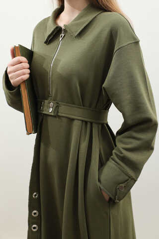 Geniş Yaka Kemerli Elbise Haki - 1