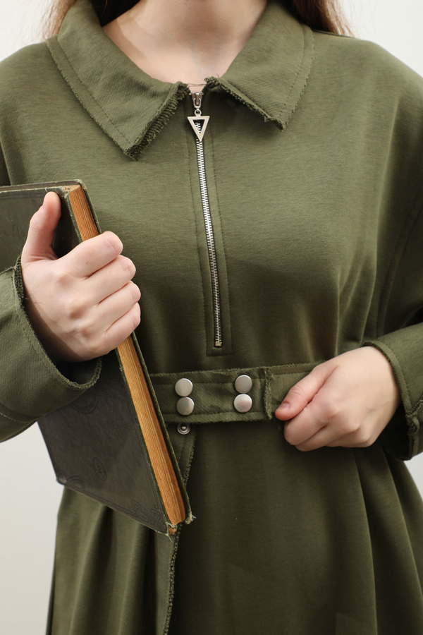 Geniş Yaka Kemerli Elbise Haki - 9