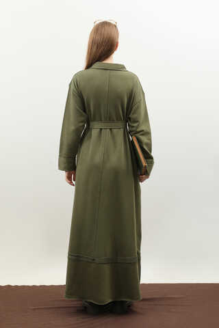 Geniş Yaka Kemerli Elbise Haki - 10