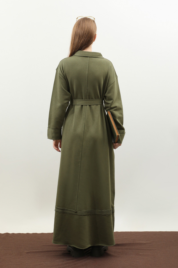 Geniş Yaka Kemerli Elbise Haki - 10