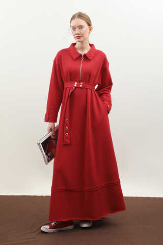Geniş Yaka Kemerli Elbise Kırmızı - 4