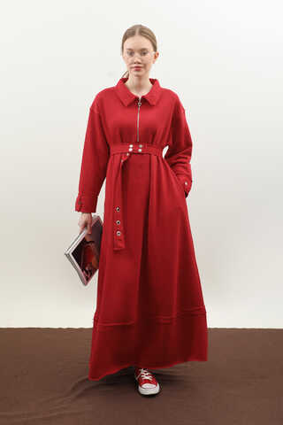 Geniş Yaka Kemerli Elbise Kırmızı - 5
