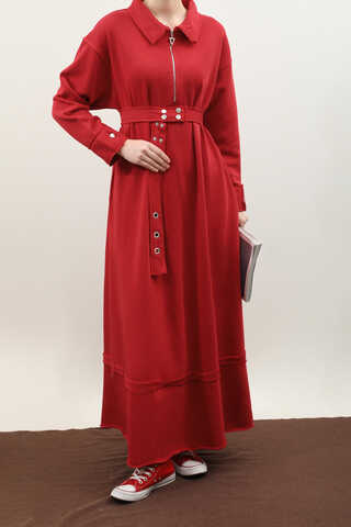 Geniş Yaka Kemerli Elbise Kırmızı - 6