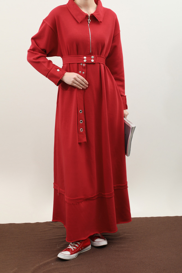 Geniş Yaka Kemerli Elbise Kırmızı - 6