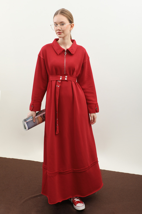 Geniş Yaka Kemerli Elbise Kırmızı - 7