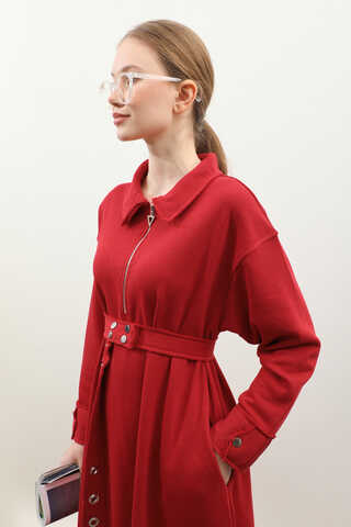 Geniş Yaka Kemerli Elbise Kırmızı - 8