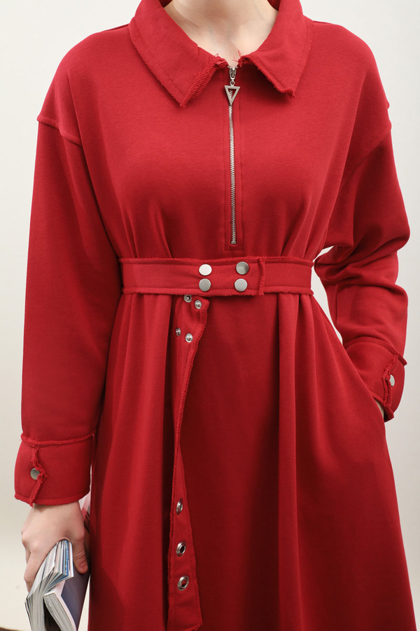 Geniş Yaka Kemerli Elbise Kırmızı - 9