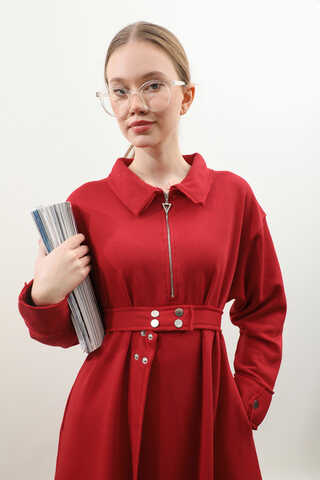 Geniş Yaka Kemerli Elbise Kırmızı - 10