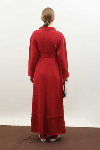 Geniş Yaka Kemerli Elbise Kırmızı - 11
