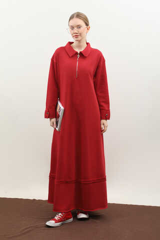 Geniş Yaka Kemerli Elbise Kırmızı - 1