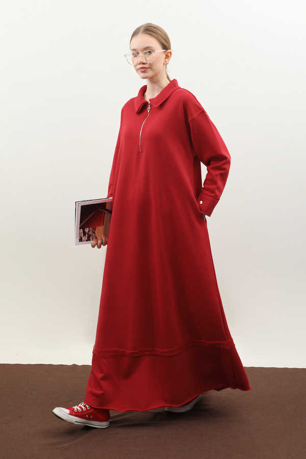 Geniş Yaka Kemerli Elbise Kırmızı - 2