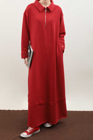 Geniş Yaka Kemerli Elbise Kırmızı - 3