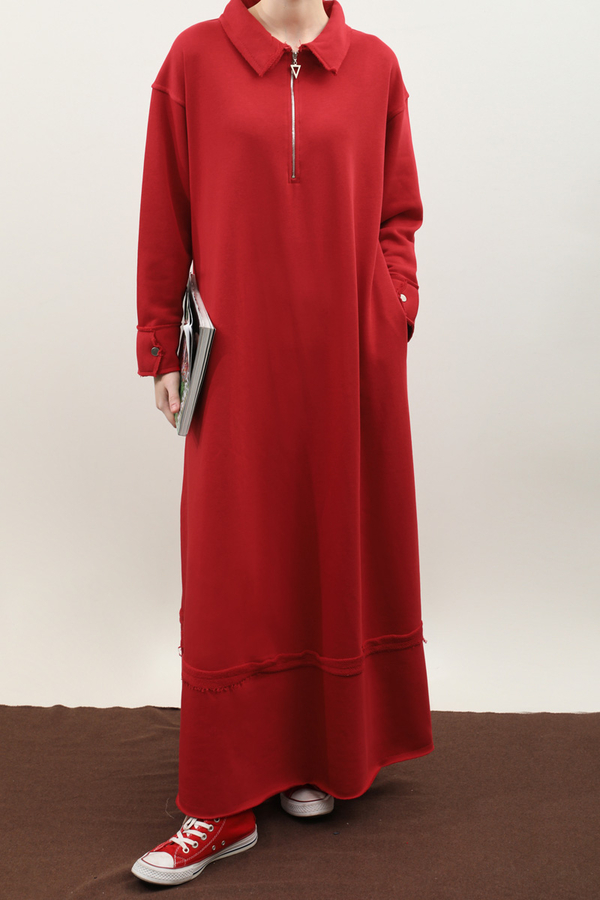 Geniş Yaka Kemerli Elbise Kırmızı - 3