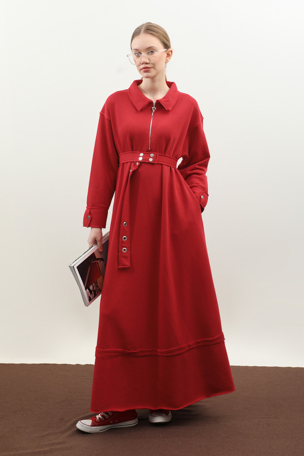 Geniş Yaka Kemerli Elbise Kırmızı - 4
