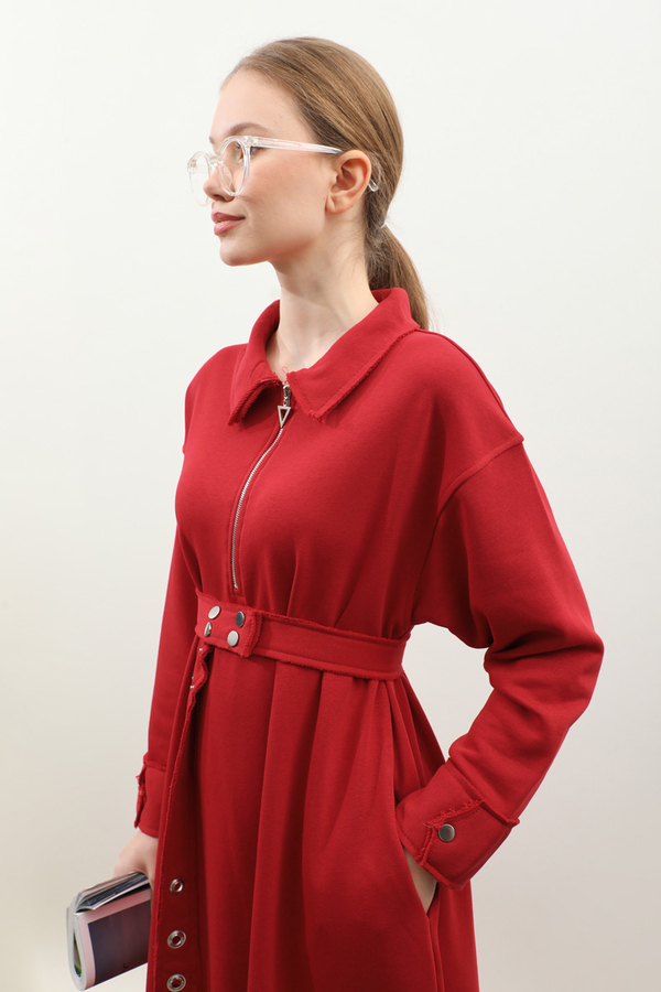 Geniş Yaka Kemerli Elbise Kırmızı - 8