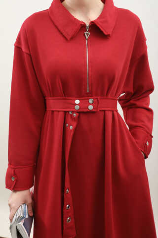 Geniş Yaka Kemerli Elbise Kırmızı - 9
