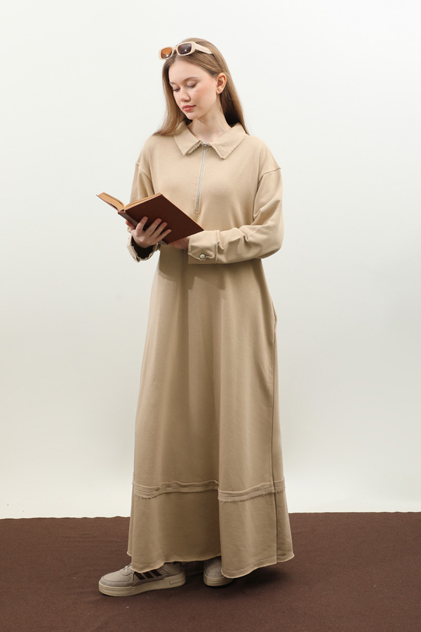 Geniş Yaka Kemerli Elbise Koyu Taş - 3