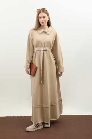 Geniş Yaka Kemerli Elbise Koyu Taş - 1