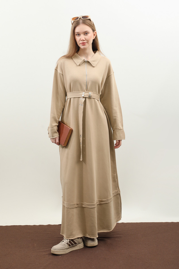 Geniş Yaka Kemerli Elbise Koyu Taş - 1