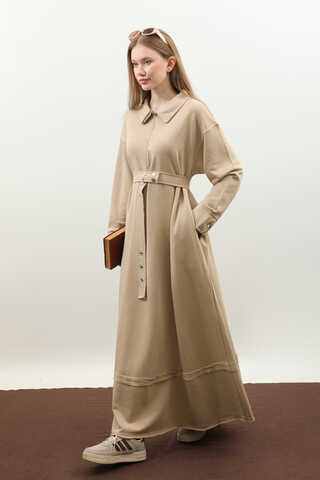 Geniş Yaka Kemerli Elbise Koyu Taş - 4