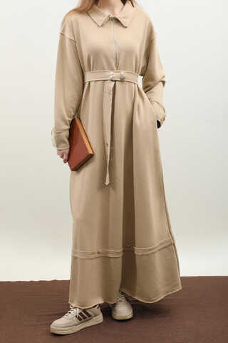 Geniş Yaka Kemerli Elbise Koyu Taş - 5