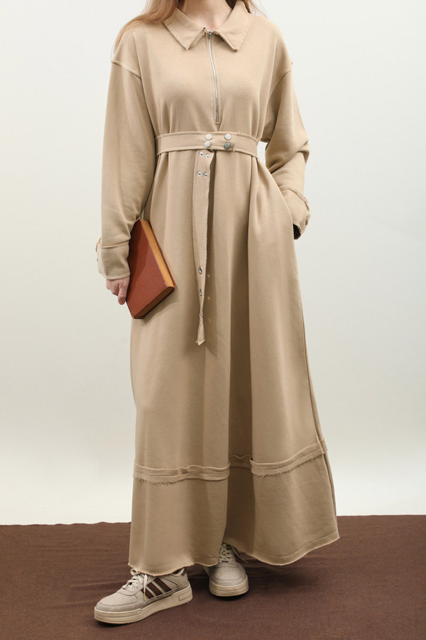 Geniş Yaka Kemerli Elbise Koyu Taş - 5