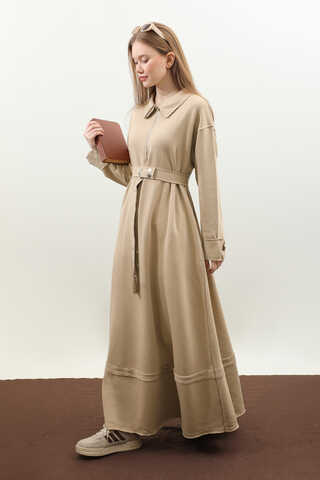 Geniş Yaka Kemerli Elbise Koyu Taş - 6