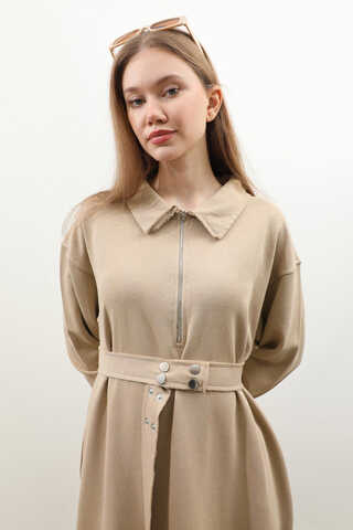 Geniş Yaka Kemerli Elbise Koyu Taş - 7