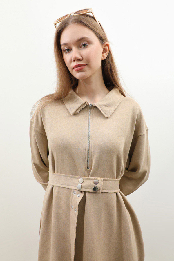 Geniş Yaka Kemerli Elbise Koyu Taş - 7